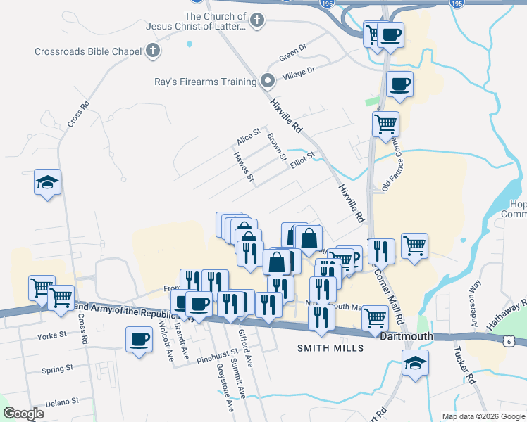 map of restaurants, bars, coffee shops, grocery stores, and more near 48 Bellevue Street in Dartmouth