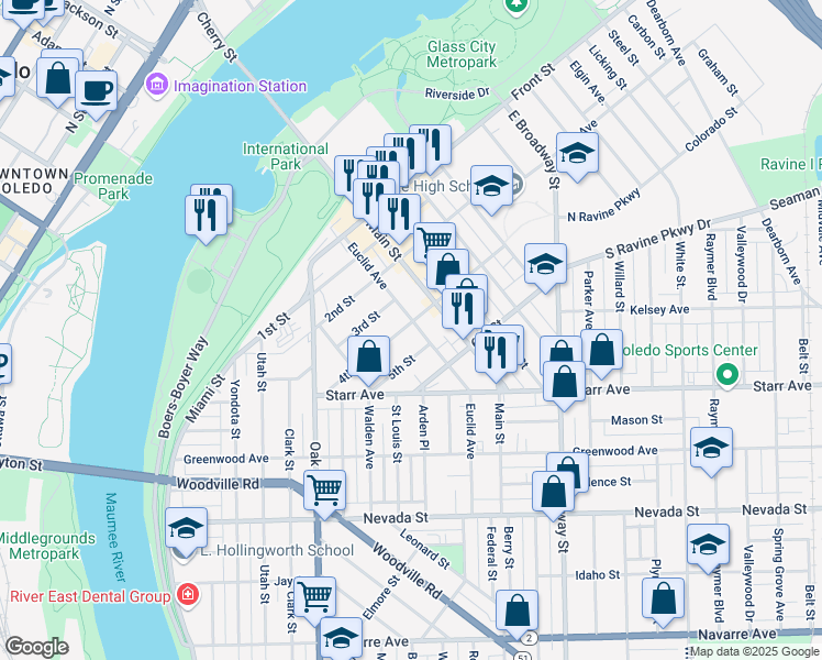 map of restaurants, bars, coffee shops, grocery stores, and more near 402 Euclid Avenue in Toledo