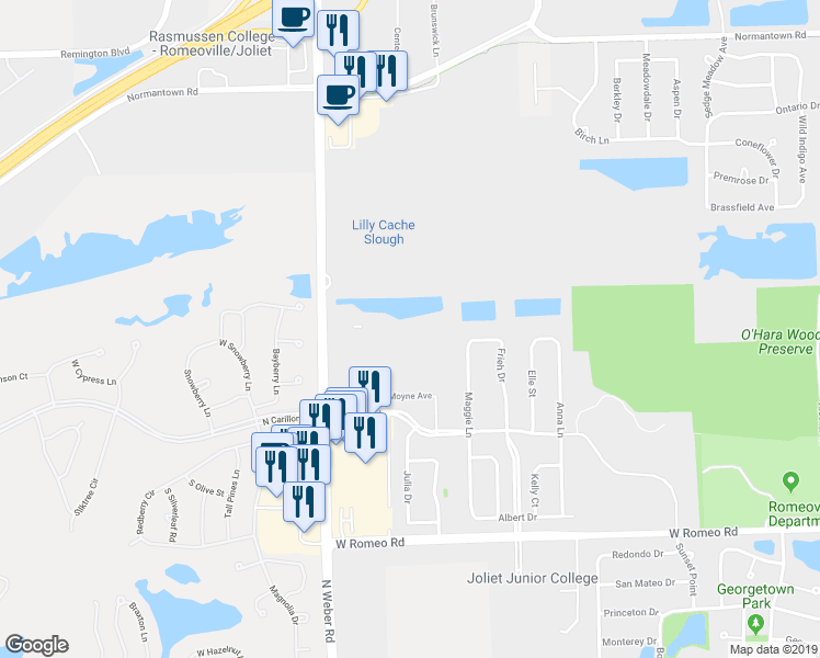 map of restaurants, bars, coffee shops, grocery stores, and more near 1232 Santa Fe Road in Romeoville