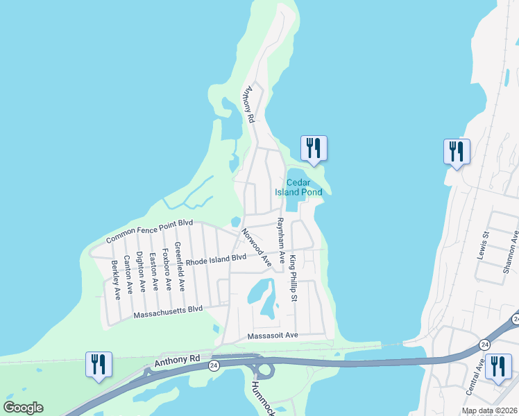 map of restaurants, bars, coffee shops, grocery stores, and more near 37 Island Road in Portsmouth
