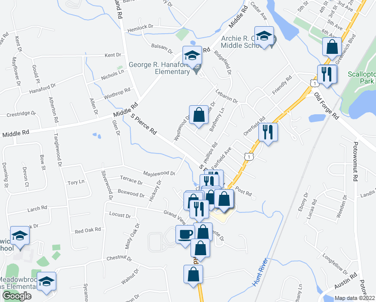 map of restaurants, bars, coffee shops, grocery stores, and more near 71 Woodland Road in East Greenwich