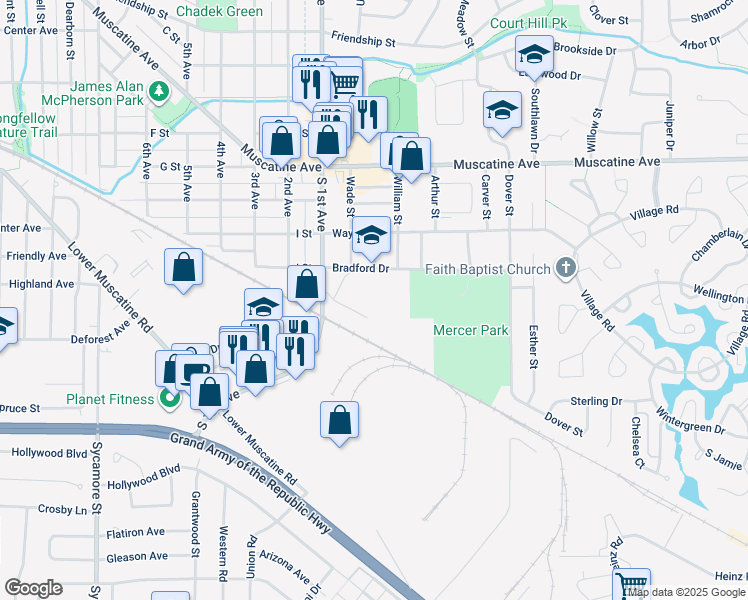 map of restaurants, bars, coffee shops, grocery stores, and more near 2501 Bradford Drive in Iowa City