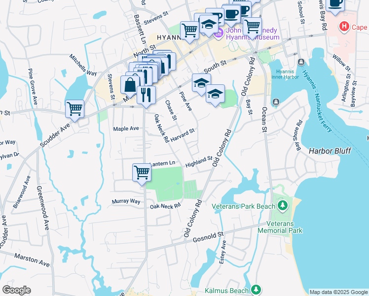 map of restaurants, bars, coffee shops, grocery stores, and more near 37 Harvard Street in Barnstable