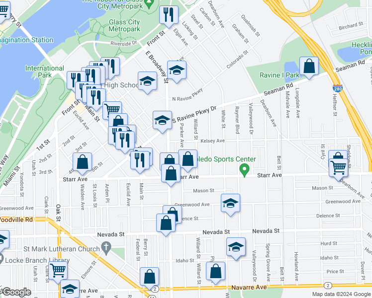 map of restaurants, bars, coffee shops, grocery stores, and more near 1117 Kelsey Avenue in Toledo