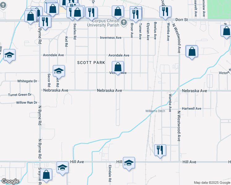 map of restaurants, bars, coffee shops, grocery stores, and more near 613 Brookley Boulevard in Toledo