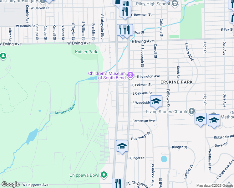 map of restaurants, bars, coffee shops, grocery stores, and more near 2801 South Main Street in South Bend