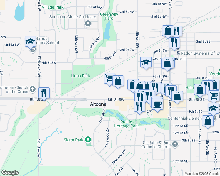 map of restaurants, bars, coffee shops, grocery stores, and more near 803 8th Street Southwest in Altoona