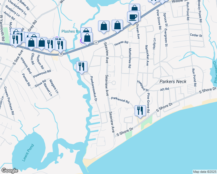 map of restaurants, bars, coffee shops, grocery stores, and more near 104 Seaview Avenue in Yarmouth