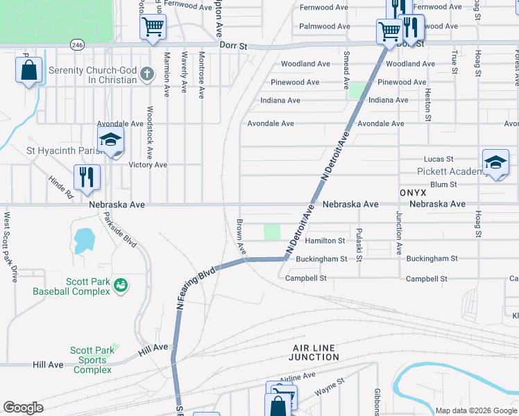 map of restaurants, bars, coffee shops, grocery stores, and more near 1678 Nebraska Avenue in Toledo