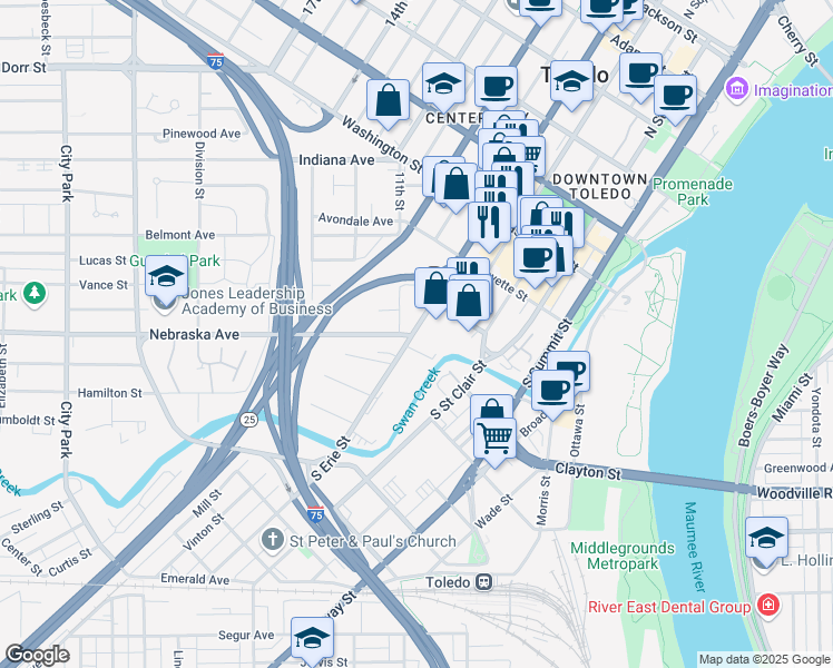 map of restaurants, bars, coffee shops, grocery stores, and more near 237 South Erie Street in Toledo