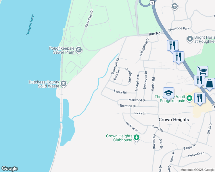 map of restaurants, bars, coffee shops, grocery stores, and more near 1 Dara Lane in Poughkeepsie
