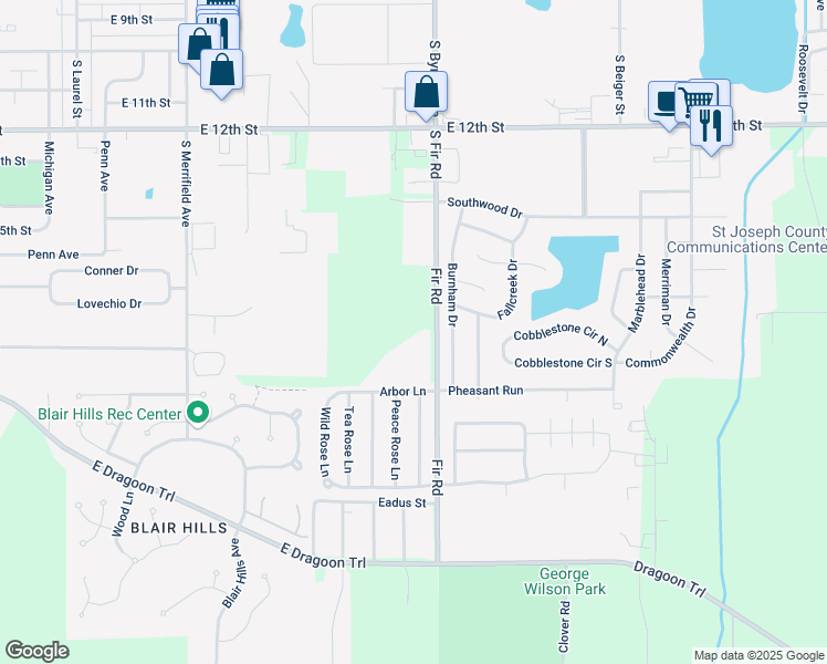 map of restaurants, bars, coffee shops, grocery stores, and more near 58391 Fir Road in Mishawaka