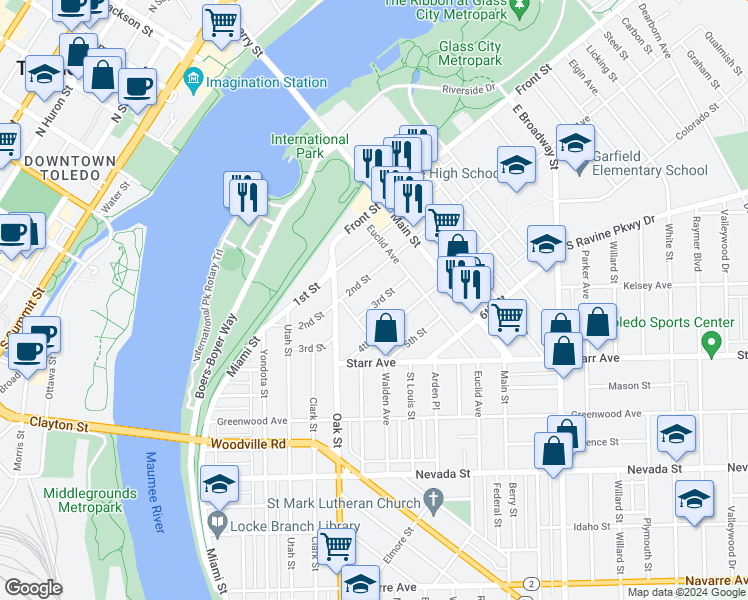map of restaurants, bars, coffee shops, grocery stores, and more near 425 3rd Street in Toledo