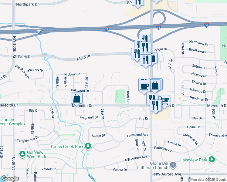 map of restaurants, bars, coffee shops, grocery stores, and more near 9001 Oakwood Drive in Urbandale