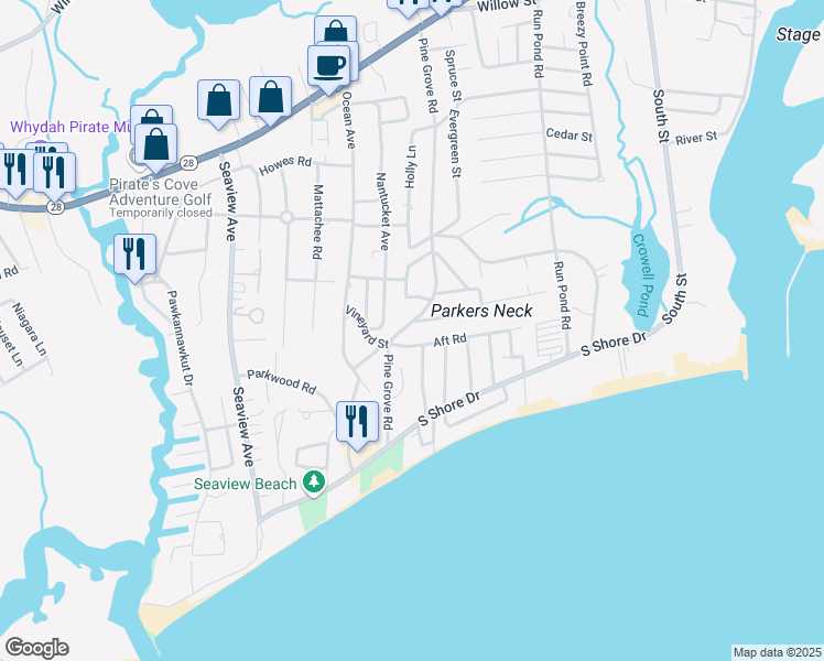 map of restaurants, bars, coffee shops, grocery stores, and more near 166 Pine Grove Road in Yarmouth