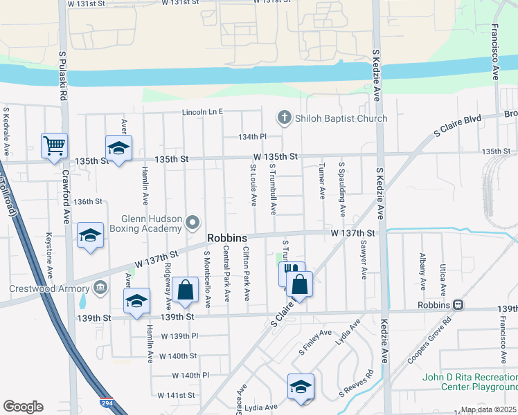 map of restaurants, bars, coffee shops, grocery stores, and more near 13551 South Saint Louis Avenue in Robbins