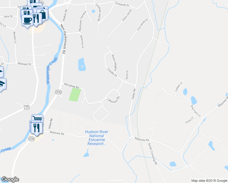 map of restaurants, bars, coffee shops, grocery stores, and more near 14 Lakeview Road in Poughkeepsie