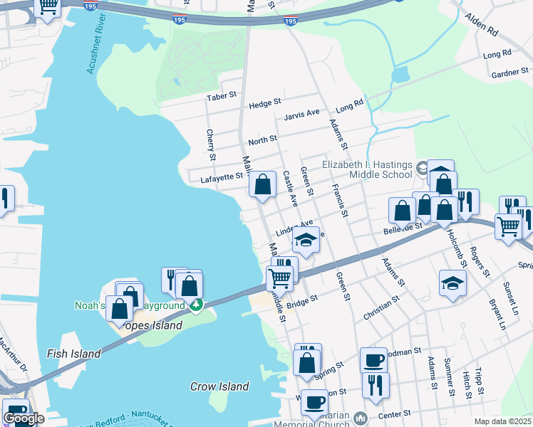 map of restaurants, bars, coffee shops, grocery stores, and more near 185 Main Street in Fairhaven