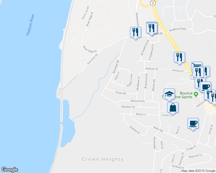 map of restaurants, bars, coffee shops, grocery stores, and more near 1 Dara Lane in Poughkeepsie