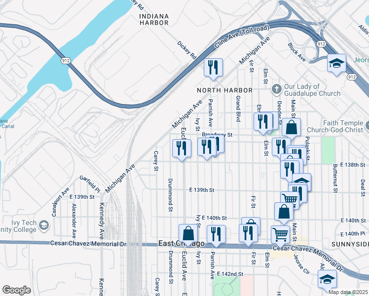 map of restaurants, bars, coffee shops, grocery stores, and more near 3703 Euclid Avenue in East Chicago
