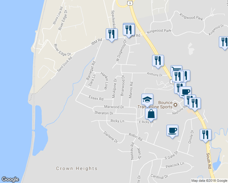 map of restaurants, bars, coffee shops, grocery stores, and more near 12 McAlpine Drive in Poughkeepsie