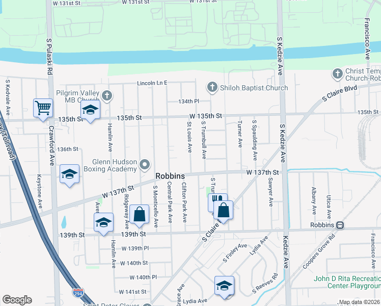 map of restaurants, bars, coffee shops, grocery stores, and more near 13613 Saint Louis Avenue in Robbins