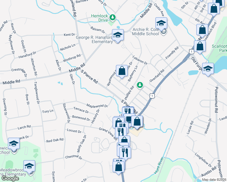 map of restaurants, bars, coffee shops, grocery stores, and more near 71 Woodland Road in East Greenwich
