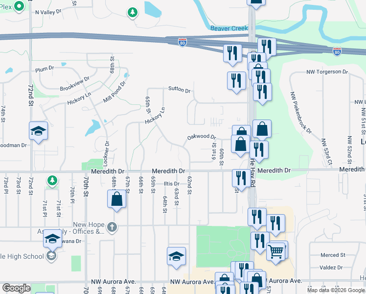 map of restaurants, bars, coffee shops, grocery stores, and more near 6143 Oakwood Drive in Urbandale