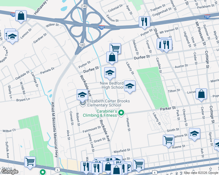 map of restaurants, bars, coffee shops, grocery stores, and more near 225 Hathaway Boulevard in New Bedford