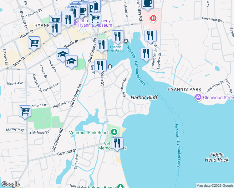 map of restaurants, bars, coffee shops, grocery stores, and more near 64 Old Harbor Road in Barnstable