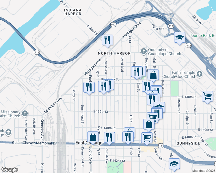 map of restaurants, bars, coffee shops, grocery stores, and more near 1613 Broadway Street in Gary