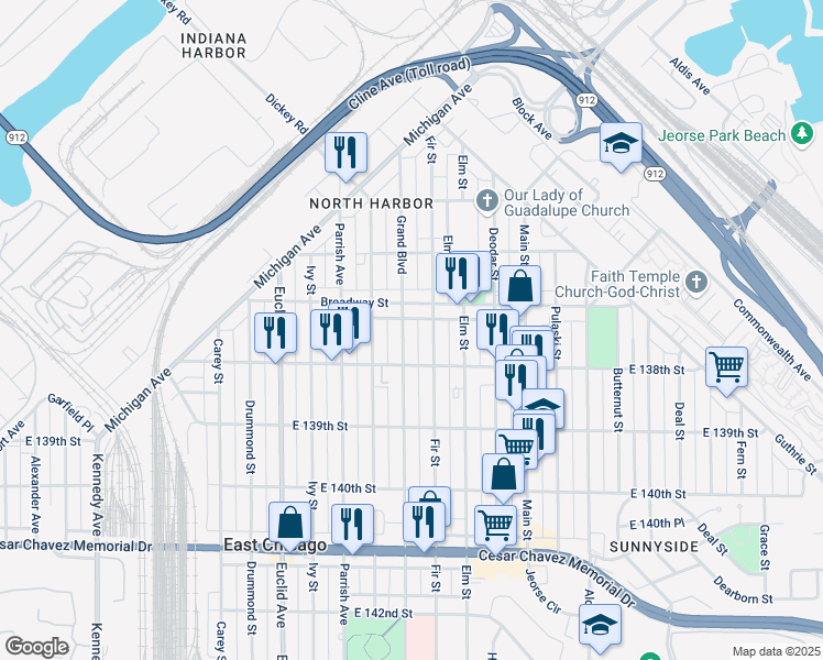map of restaurants, bars, coffee shops, grocery stores, and more near 3715 Hemlock Street in East Chicago