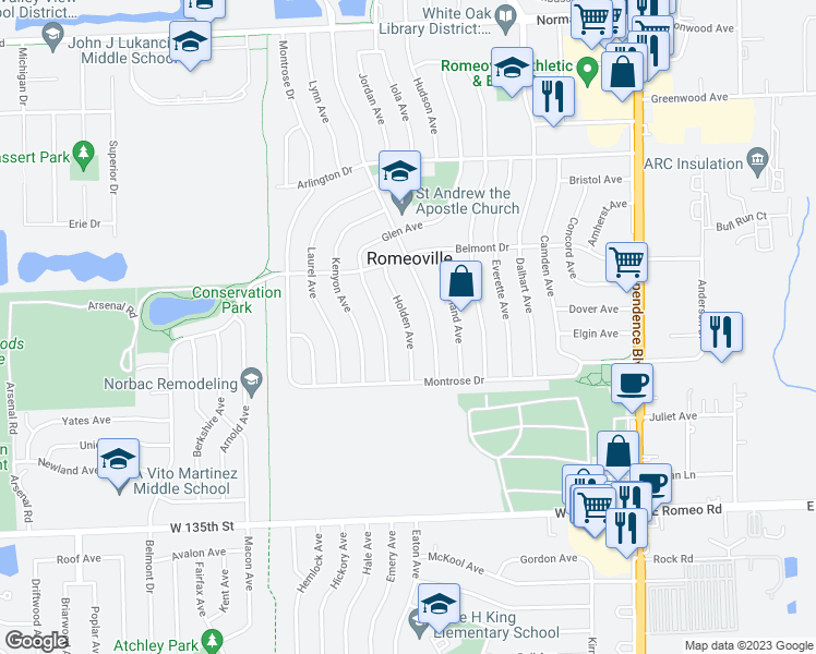 map of restaurants, bars, coffee shops, grocery stores, and more near 418 Holden Avenue in Romeoville