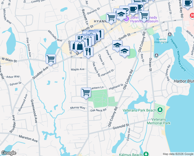 map of restaurants, bars, coffee shops, grocery stores, and more near 98 Oak Neck Road in Barnstable