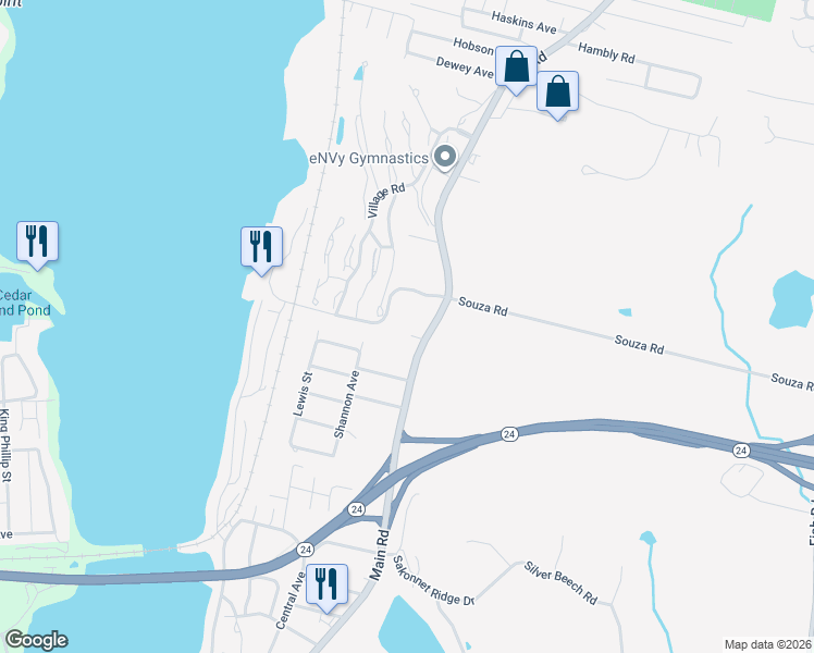 map of restaurants, bars, coffee shops, grocery stores, and more near 1105 Main Road in Tiverton