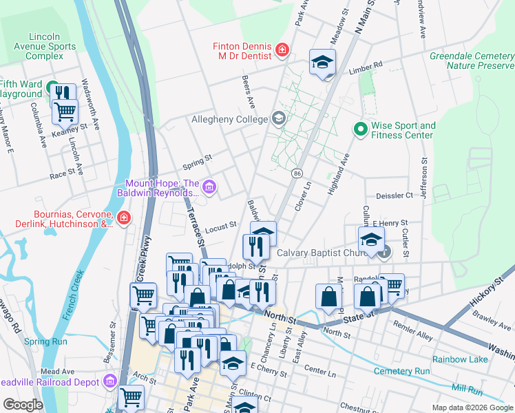 map of restaurants, bars, coffee shops, grocery stores, and more near 38882 Park Avenue in Meadville