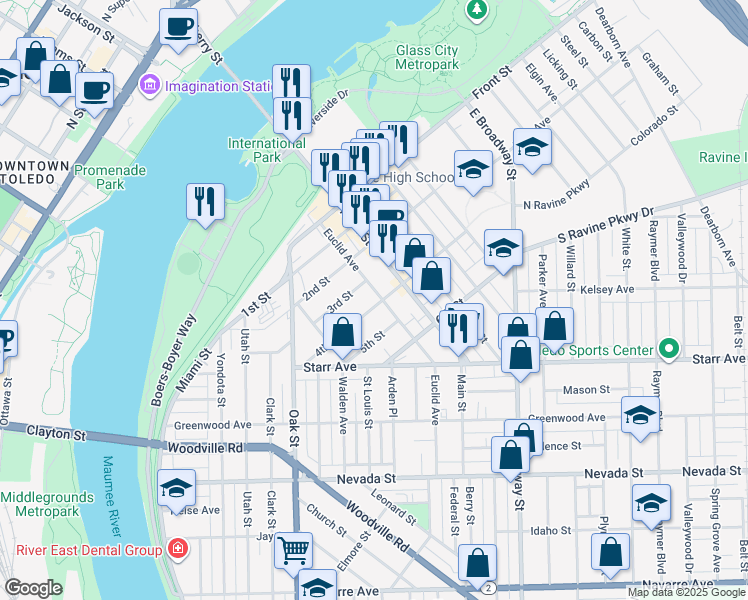 map of restaurants, bars, coffee shops, grocery stores, and more near 513 4th Street in Toledo