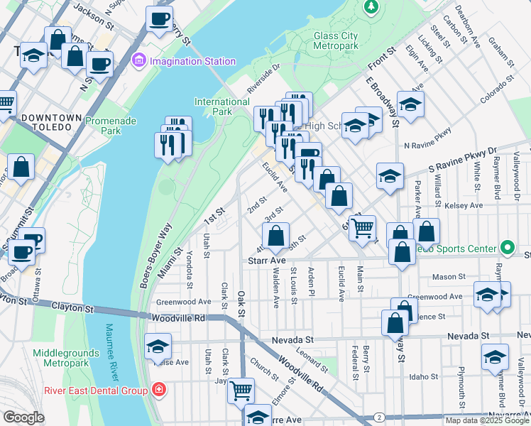 map of restaurants, bars, coffee shops, grocery stores, and more near 430 2nd Street in Toledo