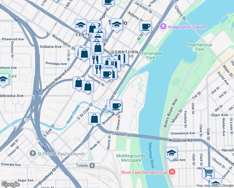 map of restaurants, bars, coffee shops, grocery stores, and more near in Toledo