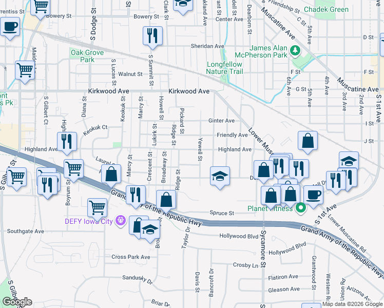 map of restaurants, bars, coffee shops, grocery stores, and more near 1212 Highland Avenue in Iowa City