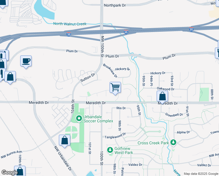 map of restaurants, bars, coffee shops, grocery stores, and more near 9821 Oakwood Drive in Urbandale