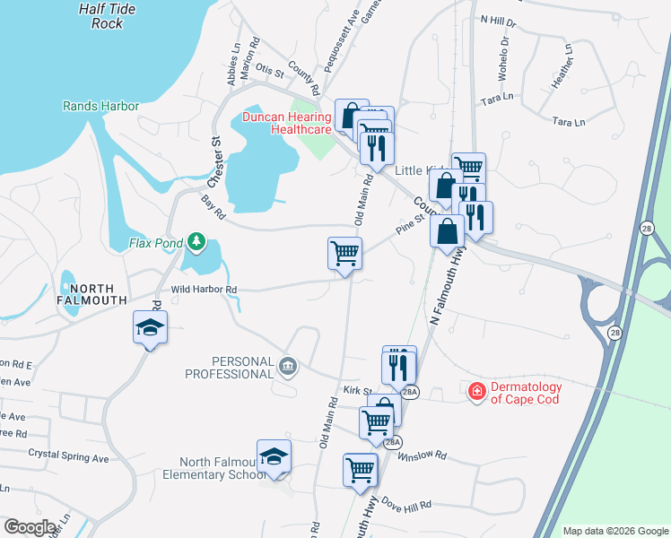 map of restaurants, bars, coffee shops, grocery stores, and more near 220 Old Main Road in Falmouth
