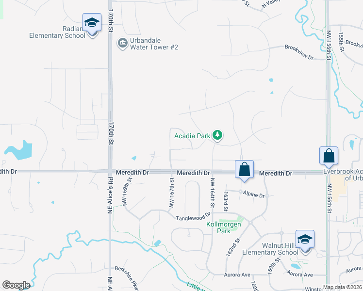 map of restaurants, bars, coffee shops, grocery stores, and more near 16407 Meredith Drive in Urbandale