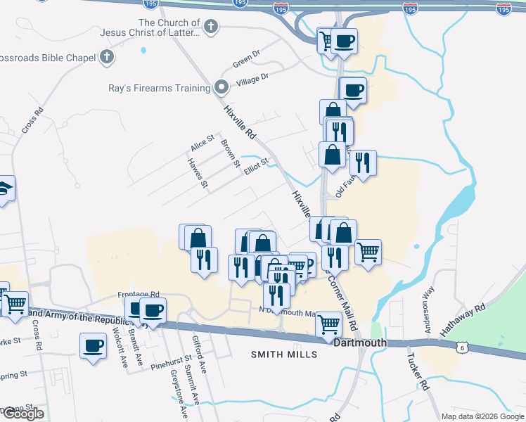 map of restaurants, bars, coffee shops, grocery stores, and more near 16 Bellevue Street in Dartmouth