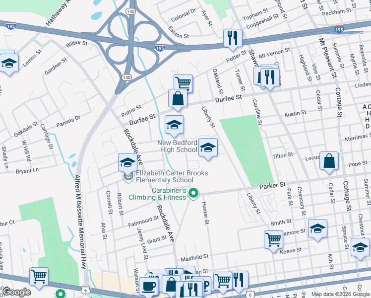 map of restaurants, bars, coffee shops, grocery stores, and more near 225 Hathaway Boulevard in New Bedford