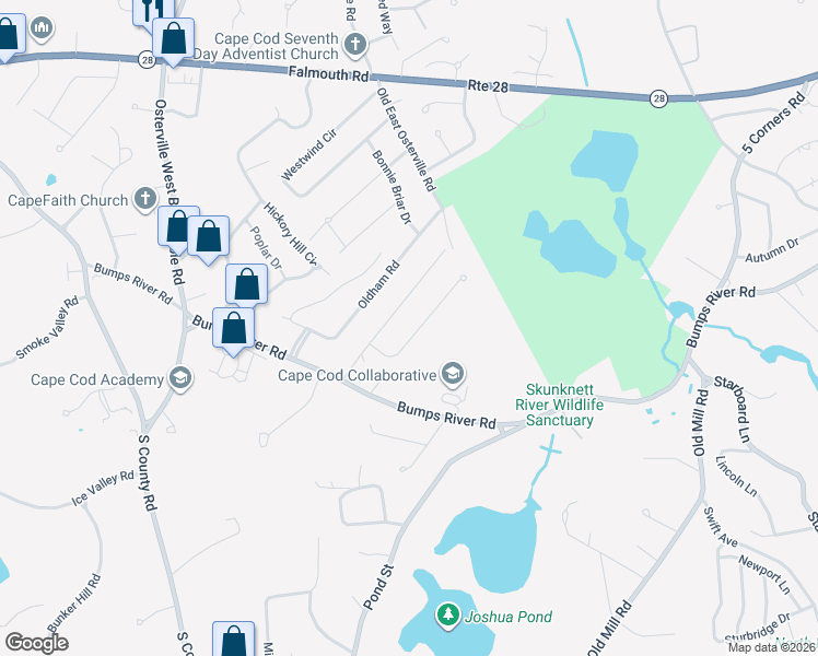 map of restaurants, bars, coffee shops, grocery stores, and more near 95 Acorn Drive in Barnstable