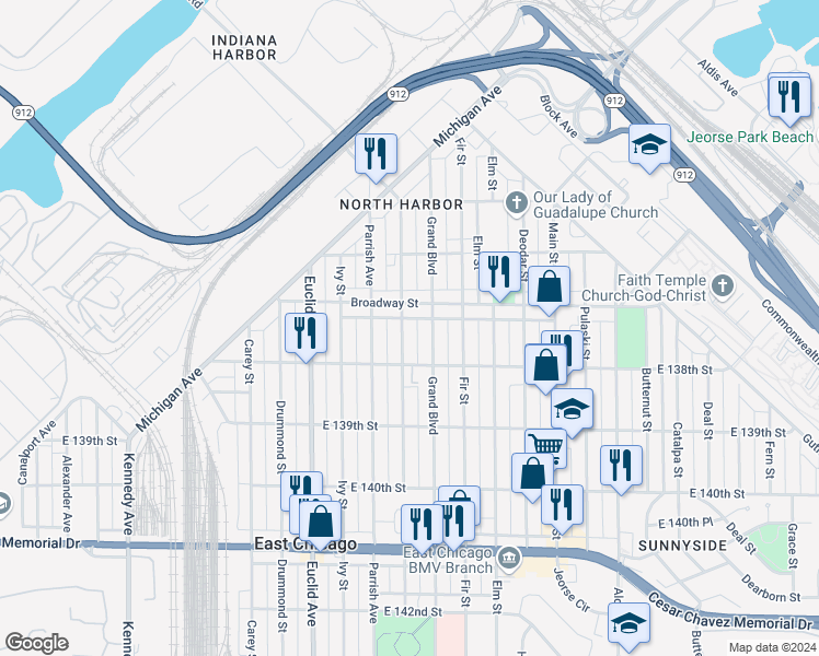 map of restaurants, bars, coffee shops, grocery stores, and more near 3715 Hemlock Street in East Chicago
