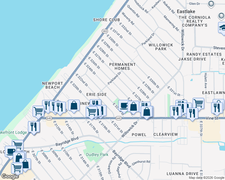 map of restaurants, bars, coffee shops, grocery stores, and more near 368 East 326th Street in Willowick