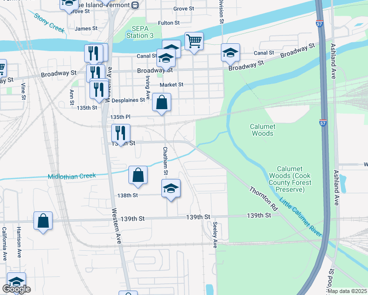 map of restaurants, bars, coffee shops, grocery stores, and more near 2131 136th Street in Blue Island