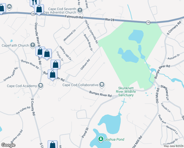 map of restaurants, bars, coffee shops, grocery stores, and more near 95 Acorn Drive in Barnstable